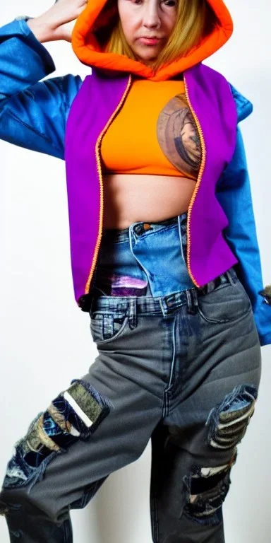 Bright-color-haired woman.fit,slim but thick thighs,thick calves,flat belly,curvy fell, thin. Mantle is sewed of upcycled Denim and sewed together of camouflage pieces. Pieces' color are orange, cream and purple. Cream latex gaiters.It is with big bright purple felt tippet and cream-colored-hood. mantle has a hood. Big AKG-style headphones (gold rings!) is merged with small felt cap with small visor. Style: Haute Couture in 1920's, N.Y.C fashion in 1996, inspired by street art.