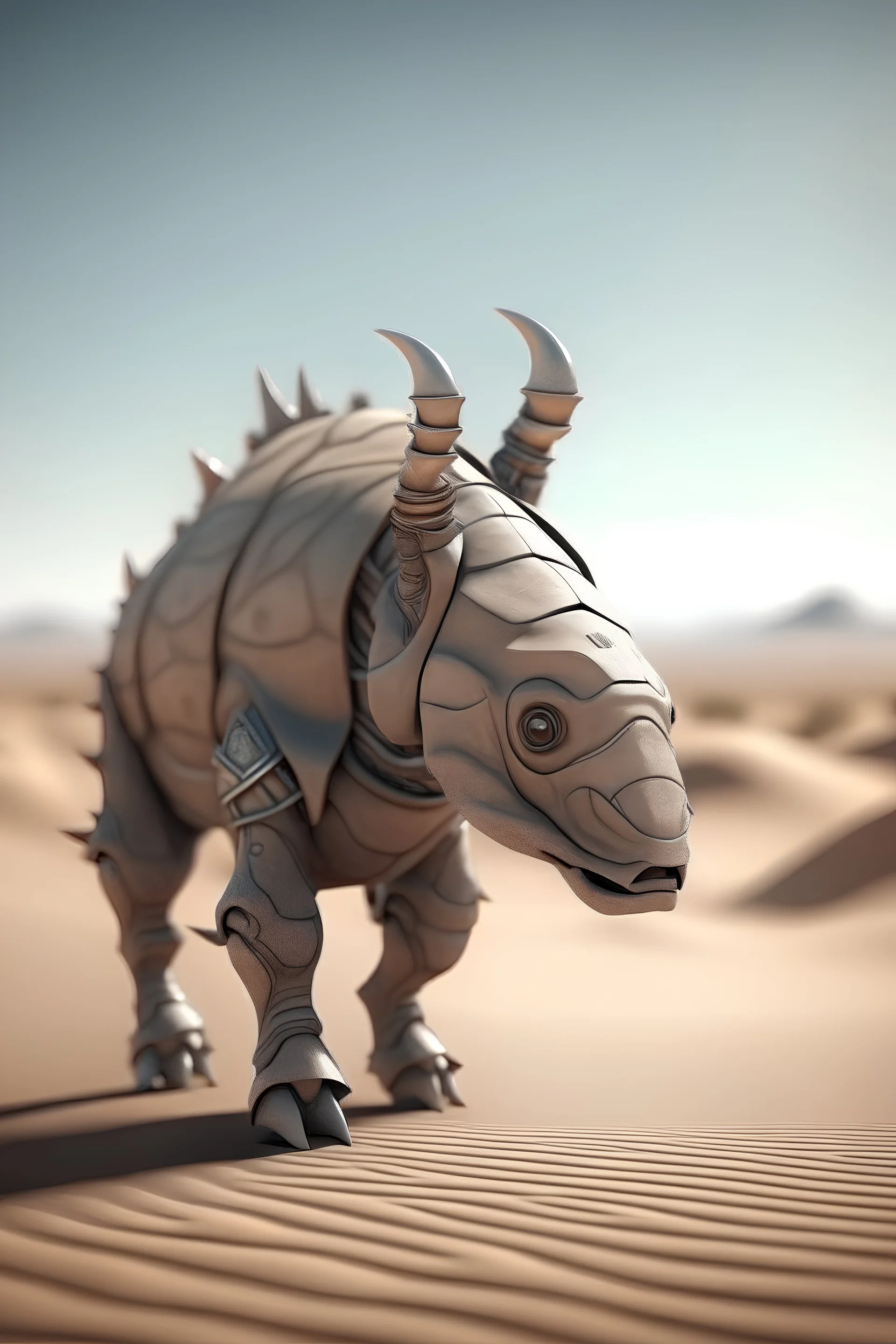 photo of an extremely cute large alien animal similar to a rhino with a bone plated carapace articulated at the back of the animal, walking across the dunes of a desert, dream-like atmosphere, nature, no text, blur