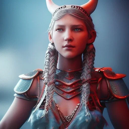 highly detailed girl viking queen, red glass armor, blue delicate braided hair, cinematic lighting, 4k, 8k, octane render, digital concept art, trending on artstation, pinterest, extremely detailed, ambient lighting.