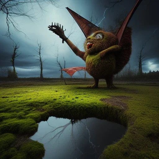 hyperrealistic shot, rusting and moss covered giant mascot, earth color palette, sharp focus, puddle reflection, water splash, refraction, bats flying, rain and lightning on the horizon, shadowcast, detailed and intricate, cinematic composition, tilt shift photography