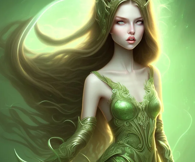 girl long light brown hair green eyes wielding magic wearing dress