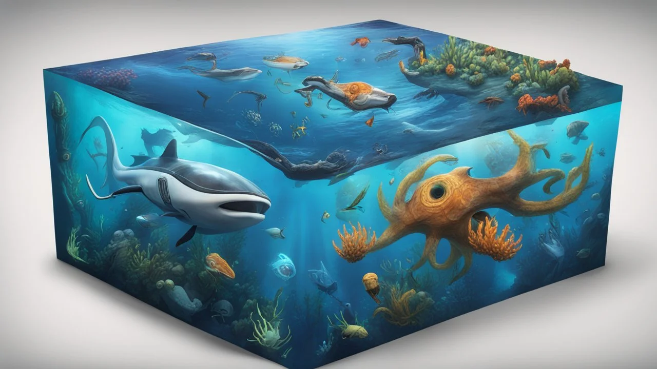 subnautica box with a drawn biom and creatures on the box ,very realistic