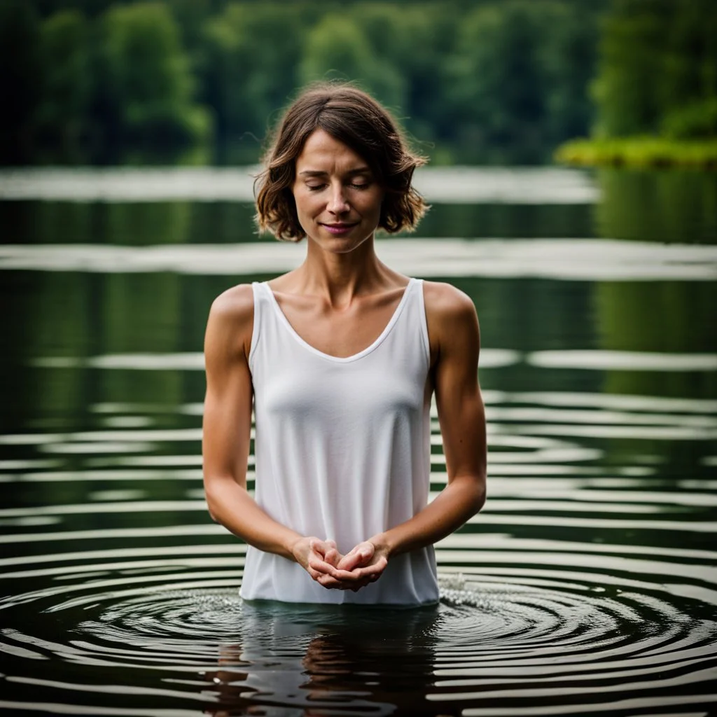 photography of a beautiful and happy anorexic woman, standing in lake water, eyes closed, meditation, white top, yoga flyer, brunette short wavy bob haircut, serenity, misty, relaxing image