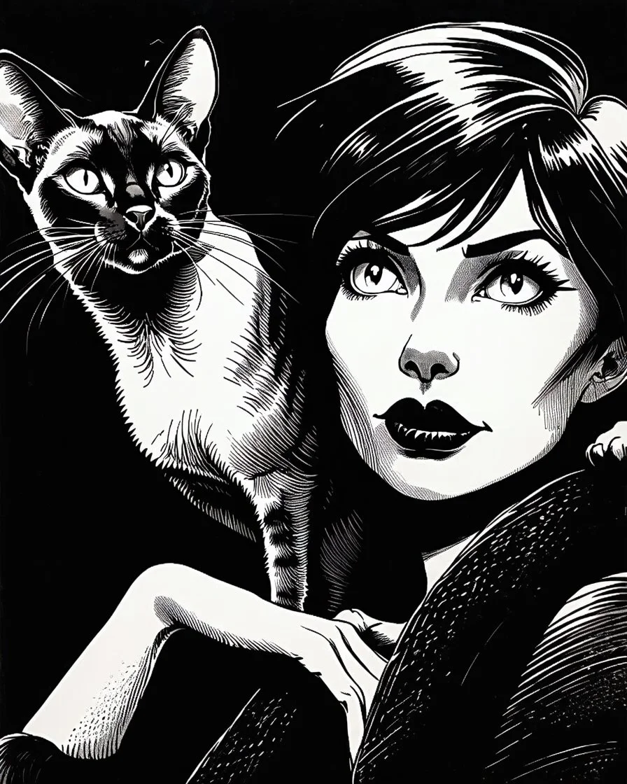 PROMPT: Monochrome ink illustration of a mature woman with long silver hair, eyes gazing upward, lips parted in thought, a Oriental shorthair Siamese cat draped on shoulder, staring sideways with sly expression. Deep shadows emphasize contours and texture. Bold hand-drawn lines, scratched ink details, black background creates isolation. Gothic comic aesthetic, vintage pulp tone, emotional stillness, surreal tension, expressive portrait in graphic noir style