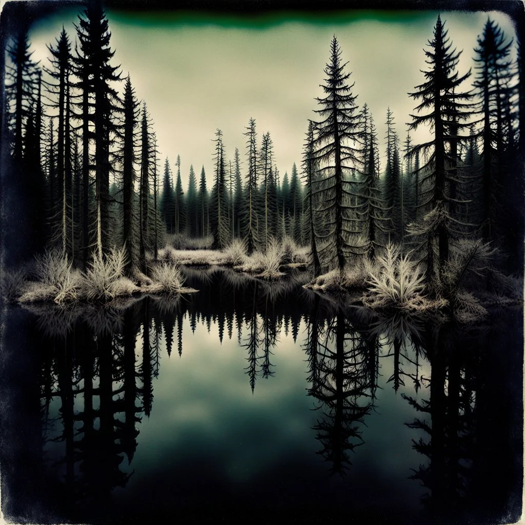 Sublime foto close-up polaroid ad alta definizione di una foresta di conifere falsa, strani mostri, un lago falso, surreale, collage art, dadaism, sublime, splimapys nero, cielo nero, acqua nera riflette un sole nero, macabre piante circondano il lago, alghe, hypermaximalist, Max Ernst style, strangeness, intricate, hypnotic, obsessive, 8k, deep 3d field, very accentuated details of the rocks, eerie, artistic photo, large format film, medium format film