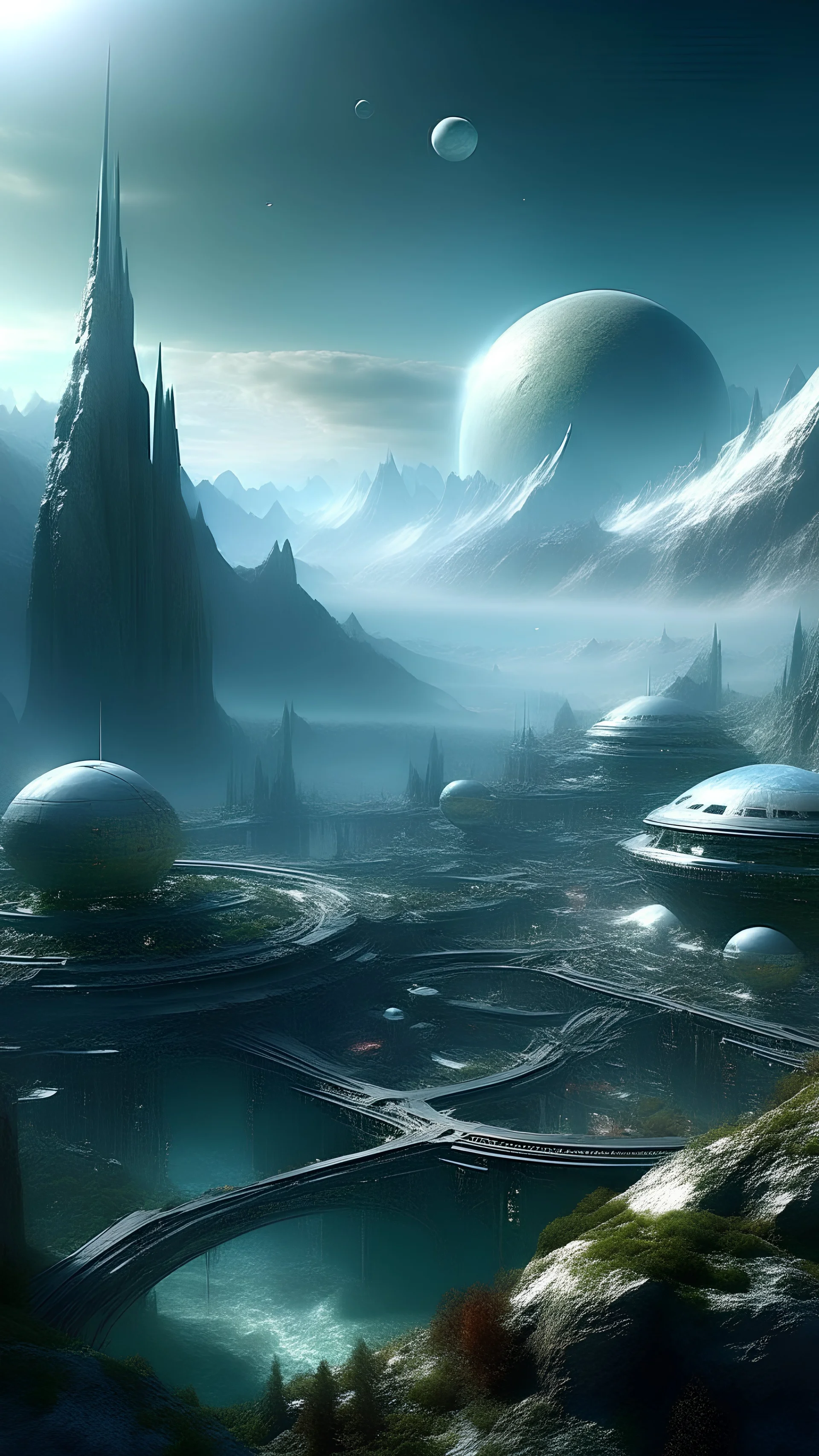 sci fi planet, alpine city, mysterious