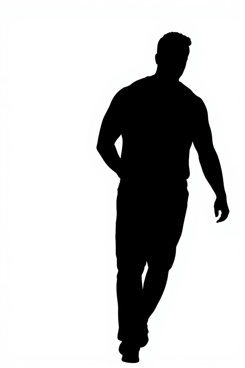 black silhouette of two adult men, one tall and muscular, walking away from the camera on solid white background