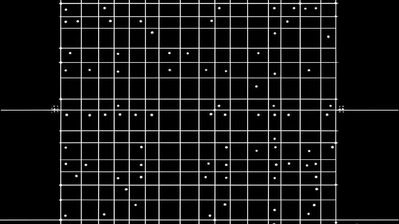 A top down view of a square on the right, with small white dots. The square is at the center of the square, where it runs vertically, and then a horizontal line that crosses over it to the middle of the square. A strong diagonal line starts at the upper left edge of the square, and then curves gently around to the right edge. The dark bottom right corner has another diagonal wave that goes from yellow to red, almost touching the left side of the square. The lines are not in a square, but their e