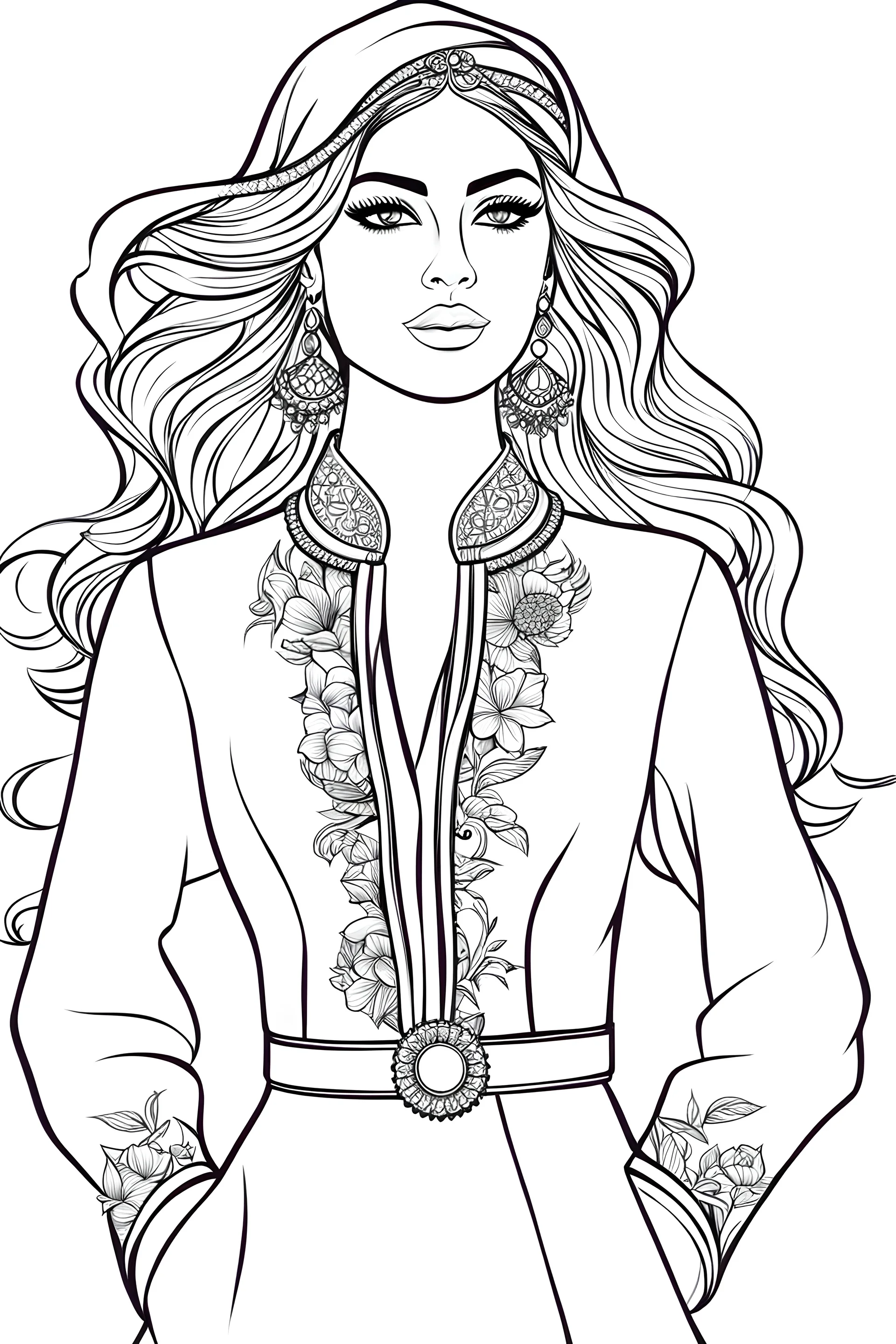 Coloring page of a elegant fashion model woman wearing hindi dress, dynamic poses, full body portrait, thick and clean lines, clean details, ar 2:3, no-color, coloring page style, no-turban, coloring page style, non background, non color, non shading, no-grayscale, coloring page for adults