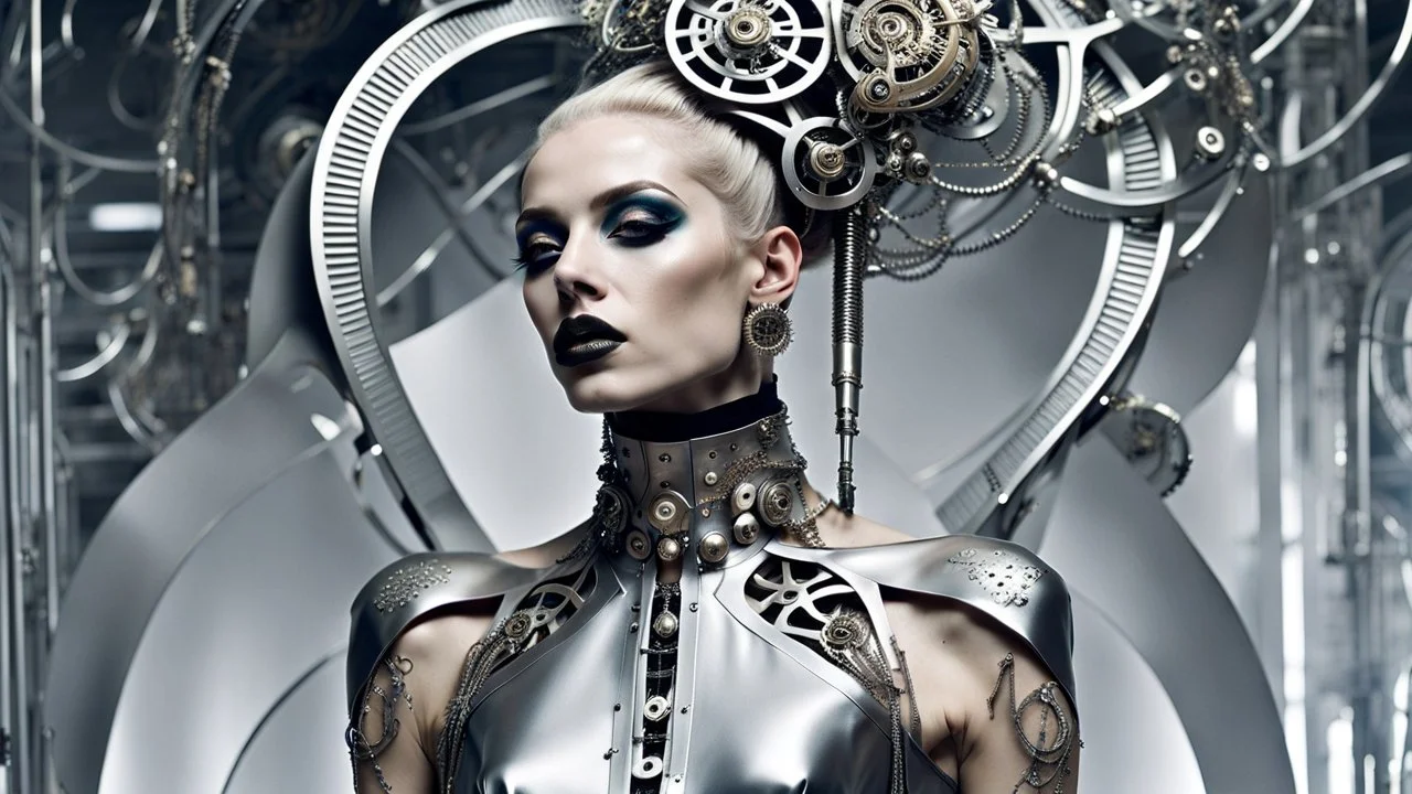 Futuristic steampunk fashion editorial, subtle rococo influences, a slender androgynous model with a pale face, silver abstract nonfigurative tattoos flowing across the face and neck, dark silver and off-white color palette. Wearing an extraordinary long sculptural dress layered over glossy metallic leggings, intricate futuristic steampunk details, elegant mechanical ornaments. Elaborate headpiece combining a decorative hair ornament, rococo hat and futuristic half helmet