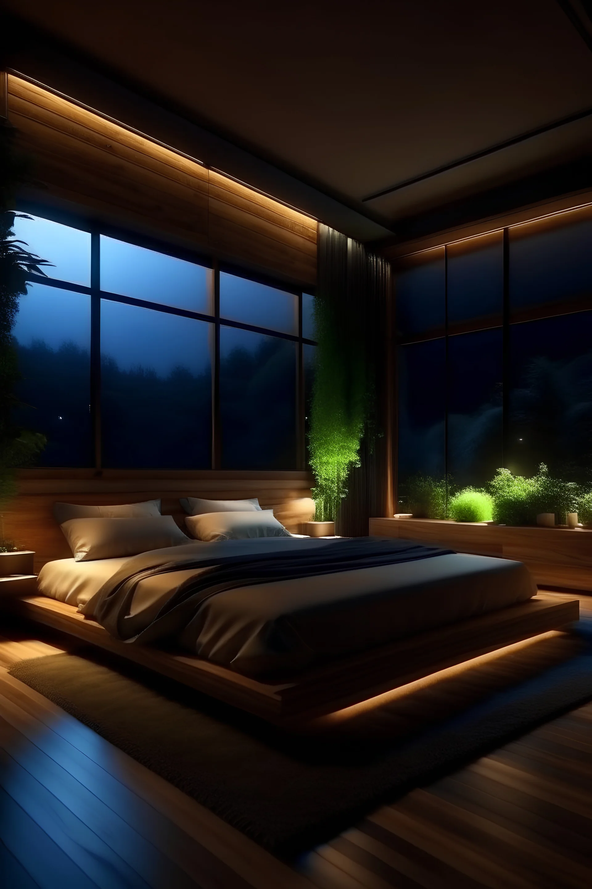 Generate big bedroom at night, with big windows, made out of wood, night tables, a big bed and vegetation.