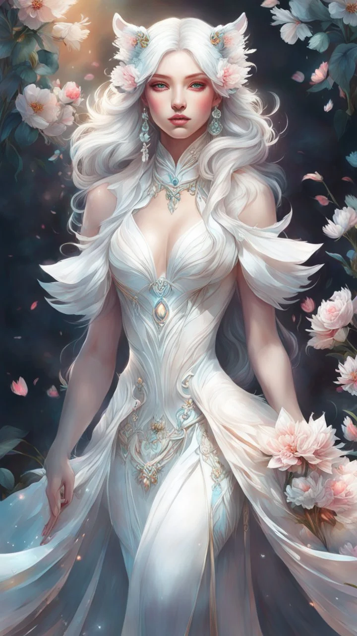 (Full View ultrarealistic Portrait ethereal fantasy hybrid white tigress wearing beautiful gown, flowers, spirituality, 4k digital masterpiece by Anna Dittman and Alberto Seveso Ruan Jia, rossdraws, artgerm and greg rutkowski and alphonse mucha and loish and WLOP, fantasycore, Hyperdetailed, realistic digital painting, soft lighting, featured on Artstation)), dark background, mid shot, full body, neutral expression, ultra realistic, highres, superb, 8k wallpaper, extremely detailed, intricate, l