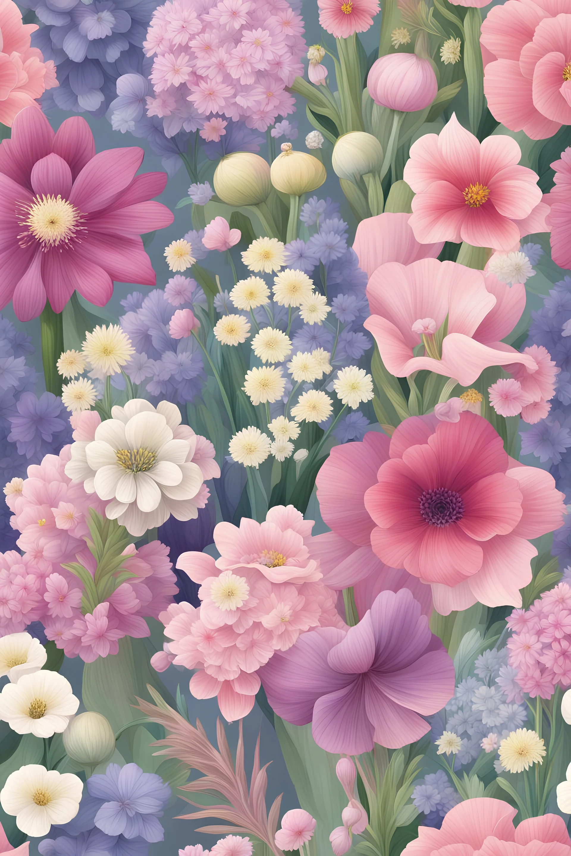 Aconite, Ageratum, Allium, Alstroemeria, Amaryllis, Anemone, Angelica, Angelonia, Artemisia, Begonia flowers , clip art, pattern, pink background, no space between the flowers