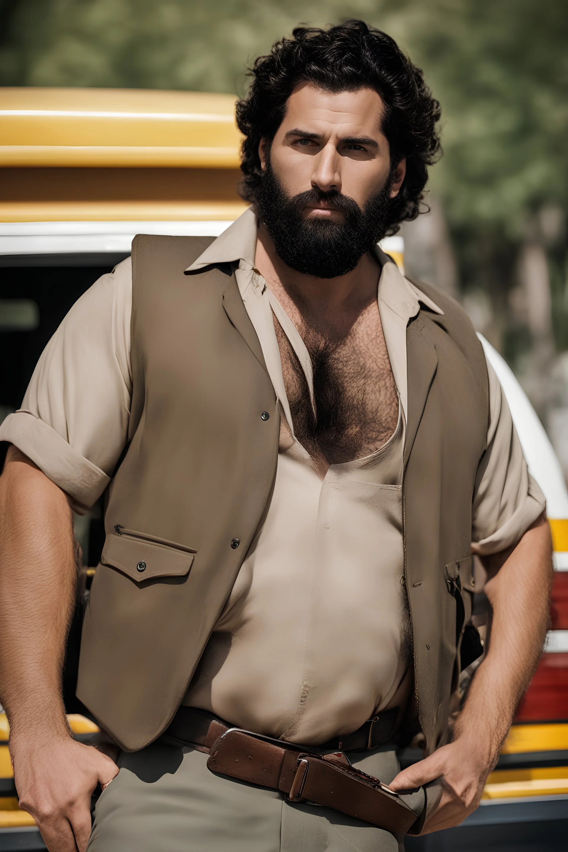 half figure photography of a 31 year old beefy burly sicilian plumber, wearing his work unbuttoned uniform, bulge, leaning with his back to his van, arms folded and angry look, , hairy chest, big belly, very virile, long black beard, very short hair, sweat, , in a sunny street, photorealistic