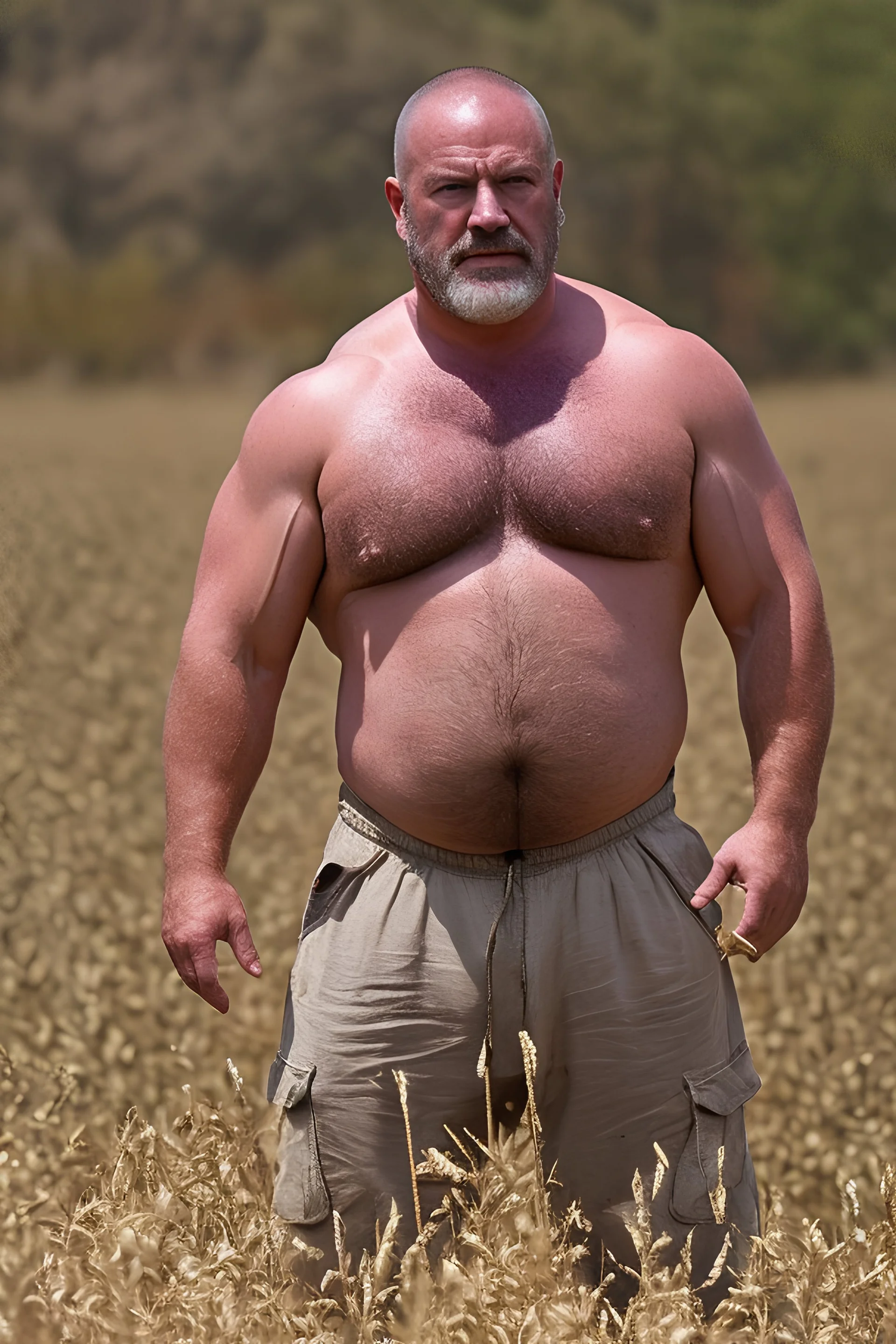 photography of a relaxing tired burly chubby stocky muscular tattooed sicilian farmer 50 years old under the sun sitting down in a wheat field,, ugly, manly chest, sweat, with the shirt open, bulging boxer, frontal view from the ground, 35mm lens , countryside