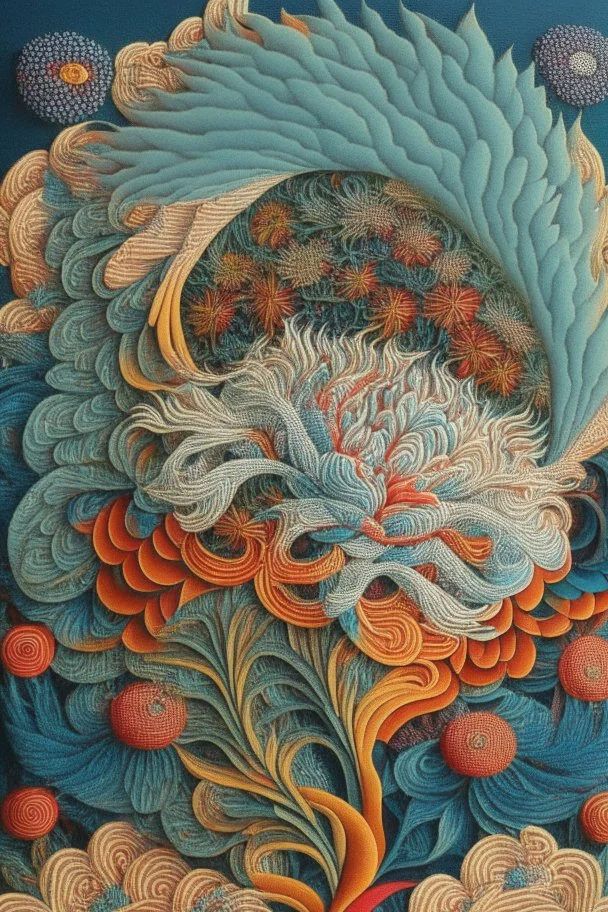 Tapestry titled "morphic resonance" made out of knotted macrame with intricately detailed quilling consisting of flowers, foliage, feathers, leather, and gemstones; optical art; symbolism, precisionism, MC Escher, intricately detailed, elegant, colorful, attractive, evocative