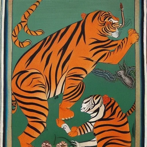 ancient indian yali mythical creature fighting a tiger painting