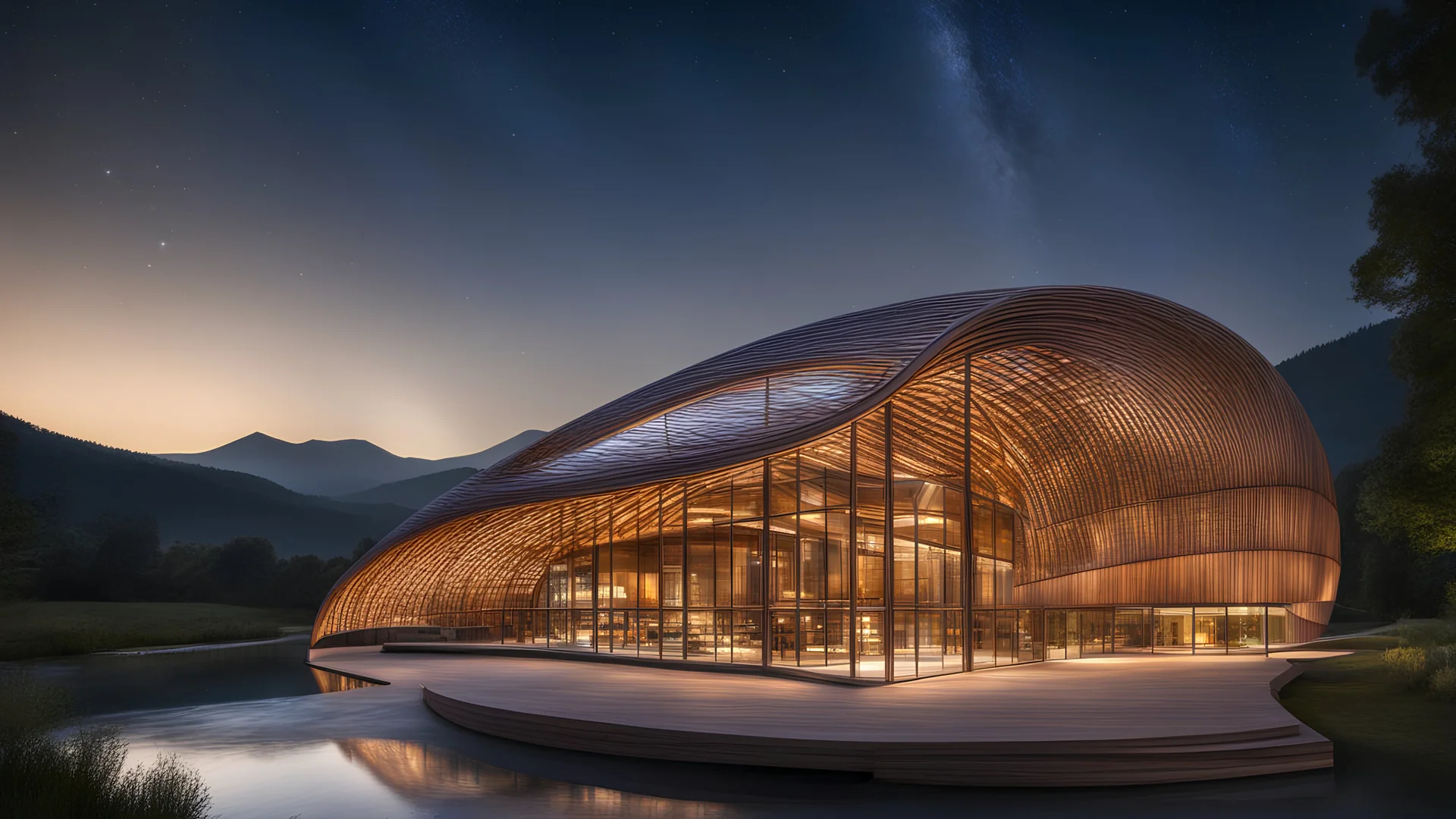 Inspirador y hermoso edificio ultramoderno de madera entretejido basado en formas de parábola, hélice y onda sinusoidal, con grandes ventanales, arquitectura artística e increíble, ubicación rural, noche, estrellas, luz de luna, luciérnagas, montañas distantes, lago, luz natural suave y perfecta, extremadamente detallada , fotografía premiada, hermosa composición, 16k, HDR, alta calidad, enfoque nítido, fotografía de estudio, obra maestra