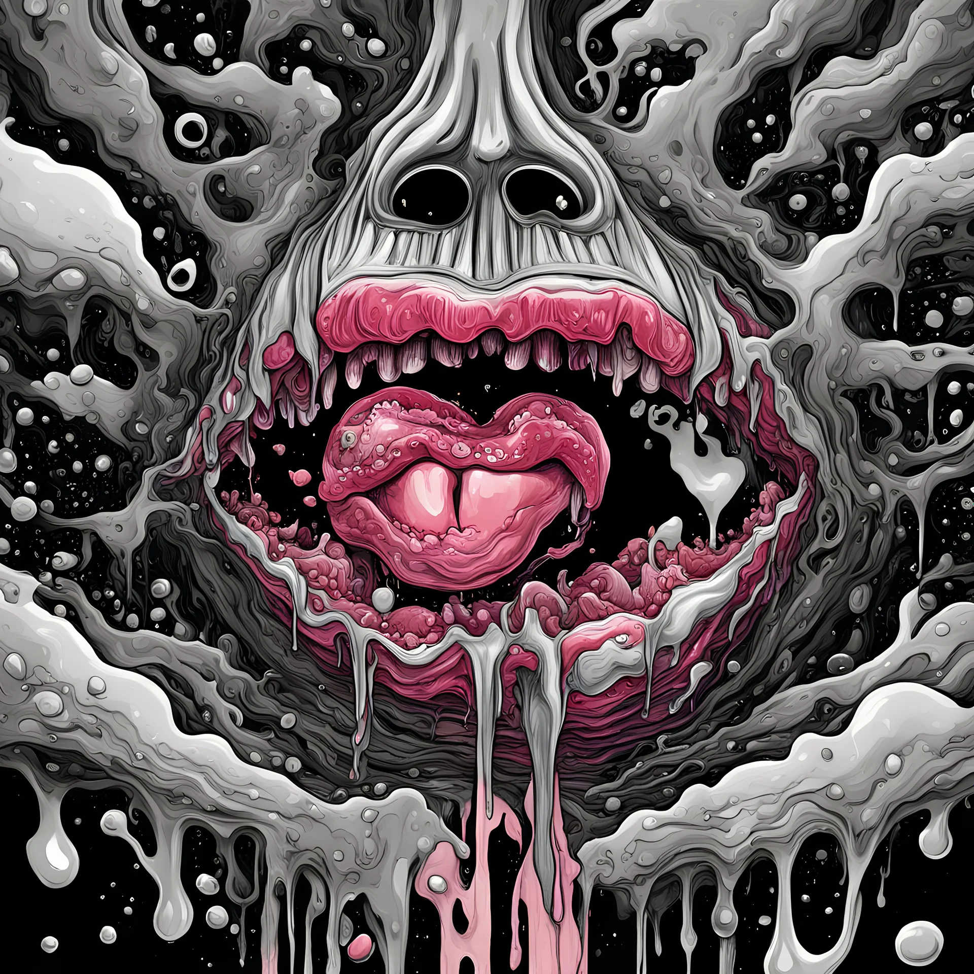 Surreal digital illustration of only a floating mouth that is puking out a psychedelic love spell, spilling from the large pair of cartoonist , overexaggerated lips, manga inspired, absurdist, postmodern, only black and grey color palette, crude, fluid acrylic paint, epoxy resin , acrylic pour, unusual colors, trippy, gross, abstract, pulp fiction art style illustration, realvsx