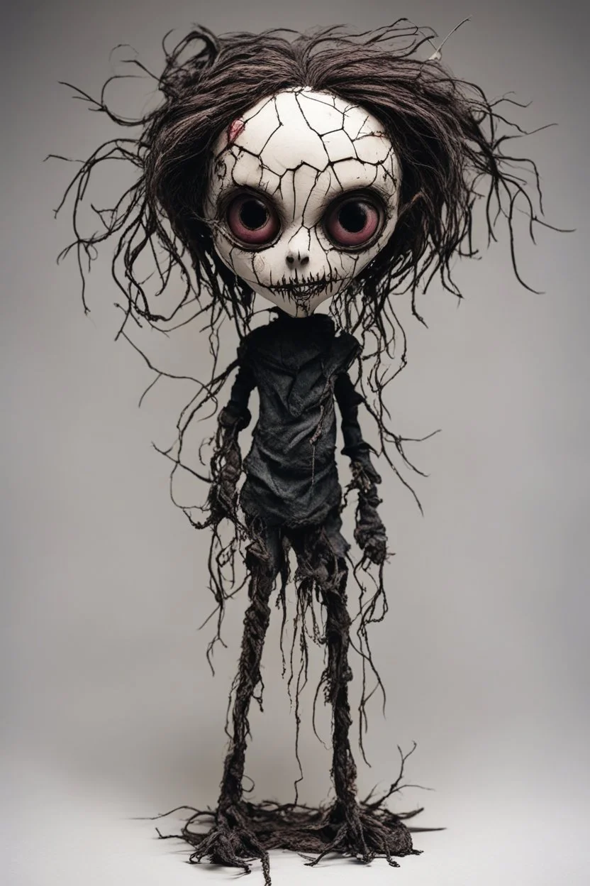 full color, illustration of a dark, menacing, monster girl, as a decayed, broken, crude homemade cloth doll toy, with a narrow cracked porcelain face, thick dark eyebrows, hair made from ragged strips of cloth, in the style of Alex Pardee, Tim Burton, and Nadya Sheremet