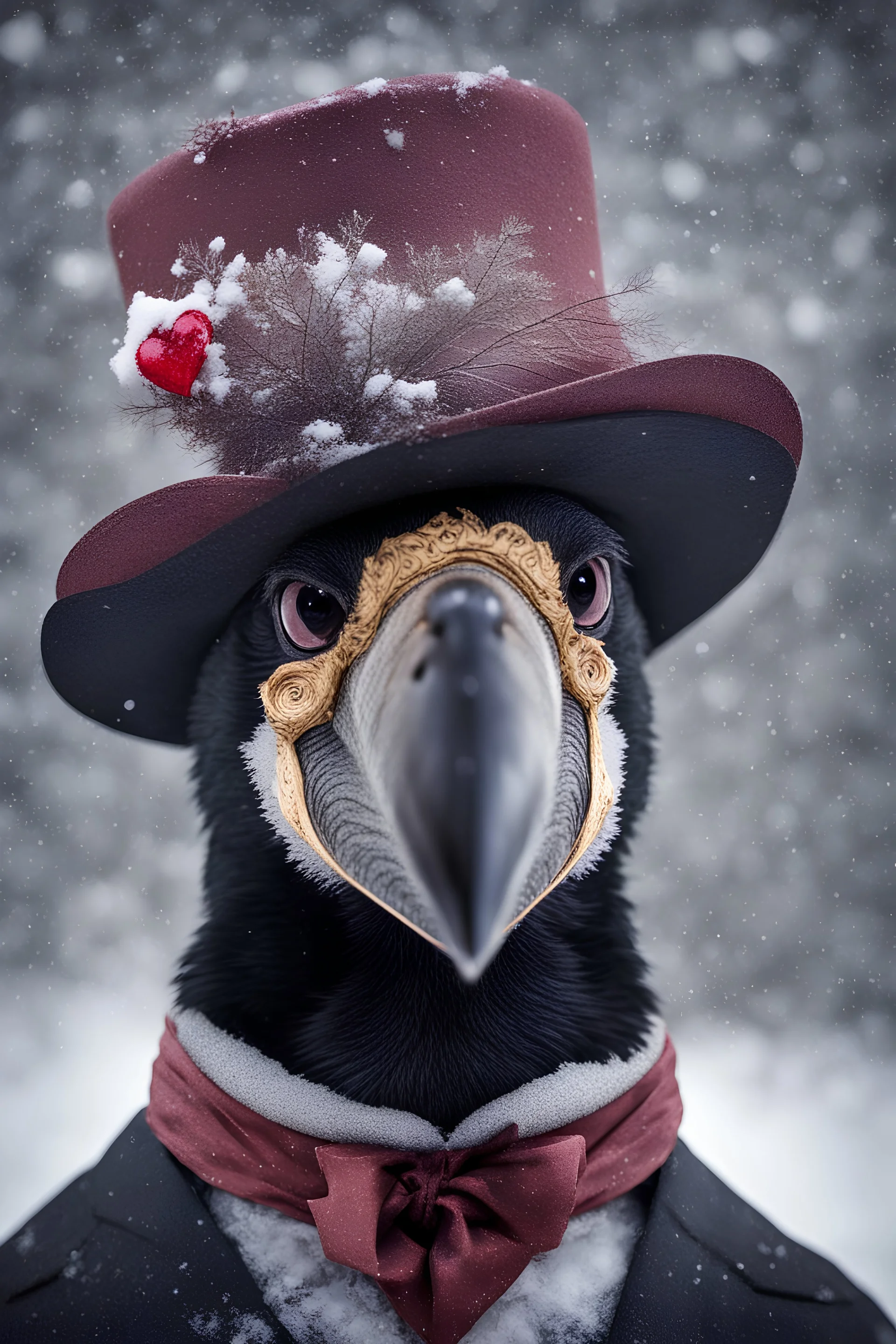 valentines crow portrait in victorian clothes, hat, snow