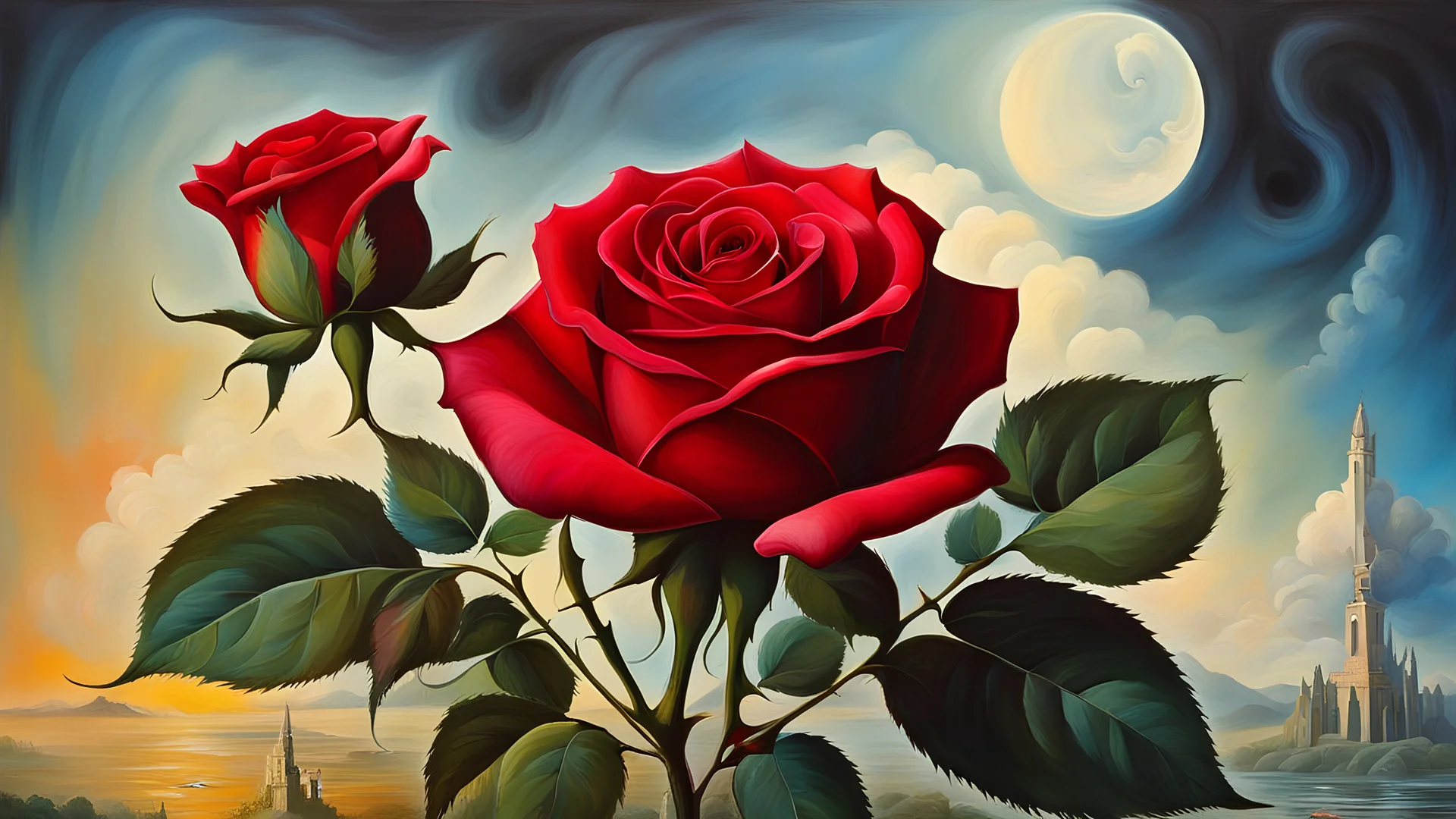 painting style, surrealism,80's, red rose