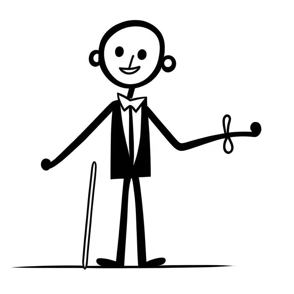 thin stick man with a bow tie black and white