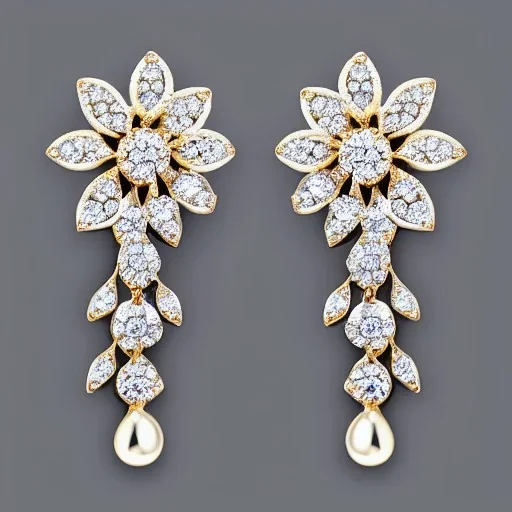 dangling diamond flower earrings, highly detailed, delicate, intricate, ornate, photorealistic, high fashion, jewellery, luxury, designer