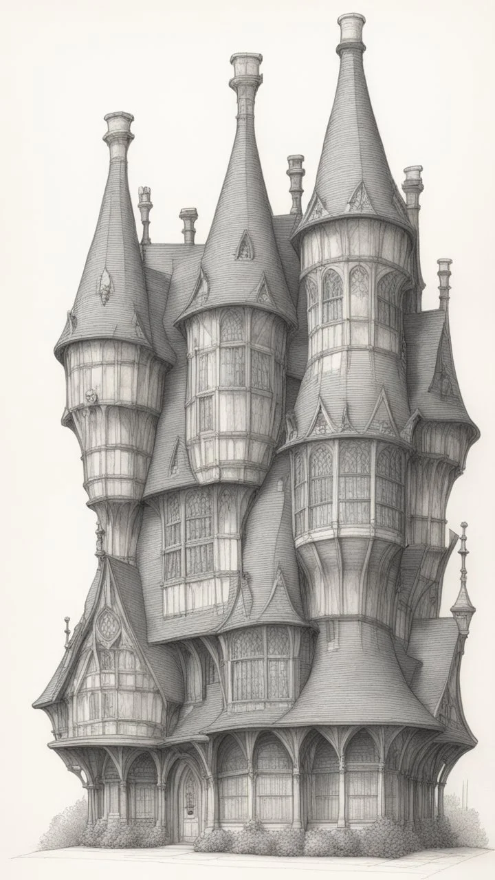 technical drawing pencil sketch front elevation of a row of skeletal multtechnical line drawing of the front elevation of a tall, narrow, warped, fantasy Tudor building, with twisted chimneys, rooms and floors added to sides and roofs, like the warren.i-story fantasy tudor buildings