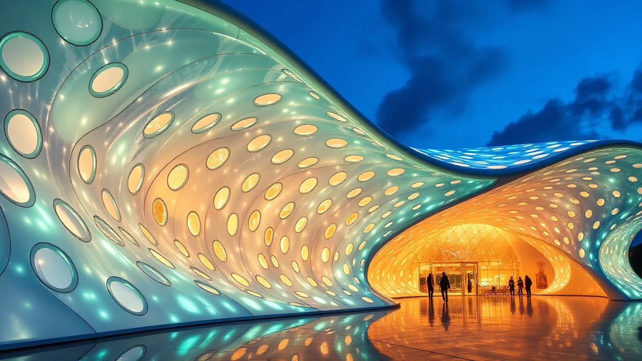 A stunning pavilion with wave-like, curved architecture made from a combination of crystal-clear glass and bioluminescent materials. The structure is adorned with countless windows of varying shapes, creating a mesmerizing play of light and shadow. Award-winning photograph, beautiful composition, exquisite detail and illumination