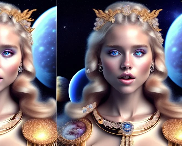 brown eyes, laugh, blonde sophie hennie cute young woman singing at saturns europa moon, golden jewelry, ice cold, winter, magnificent, majestic, highly intricate, incredibly detailed, ultra high resolution, complex 3d render,renaissance painting