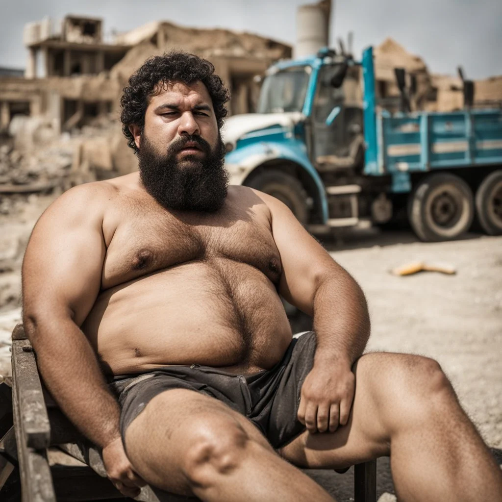 extreme close up photography of a turkish ugly burly serious wet sweaty, chubby strong fat carpenter, shirtless, boxer, bulge, manly chest, very hairy allover, big goatee 26 years old, curly short hair, sit sleeping with open legs on a little chair , on a construction site in the middle of a road, under the August sun, emotional eyes, , hyper-realistic, photorealistic , frontal view from the ground