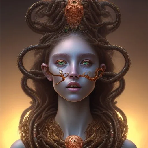 portrait of teenage medusa, with raised eyebrow, wicked smile, black snakes cover her head, hairless, wearing an embroidered rusty tunic, dark background, intricate, elegant, copper and emerald jewelry, glowing lights, highly detailed, digital painting, artstation, concept art, smooth, sharp focus, illustration, art by wlop, mucha, artgerm, and greg rutkowski golden ratio