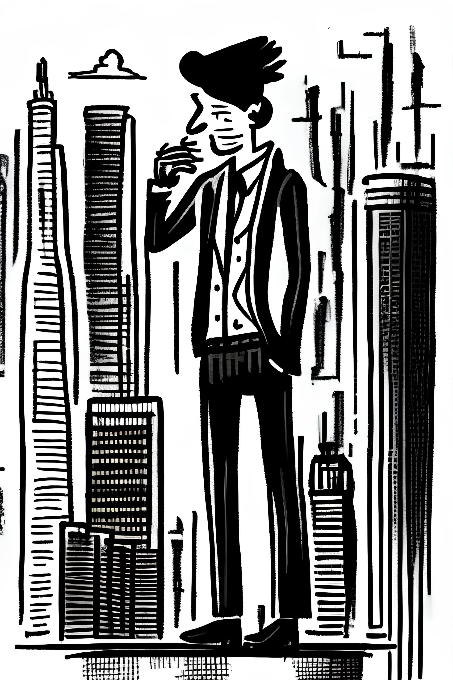 hand-drawn smoking man on a rooftop overlooking a city with streets, building and skyscrapers in the style of stick-figure