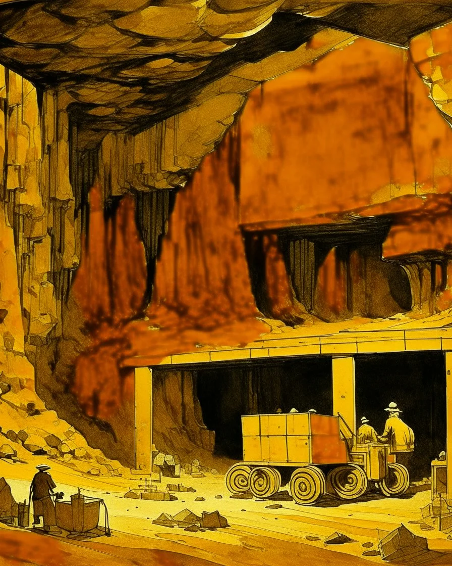 A yellow underground mine with gold painted by Lyonel Charles Feininger