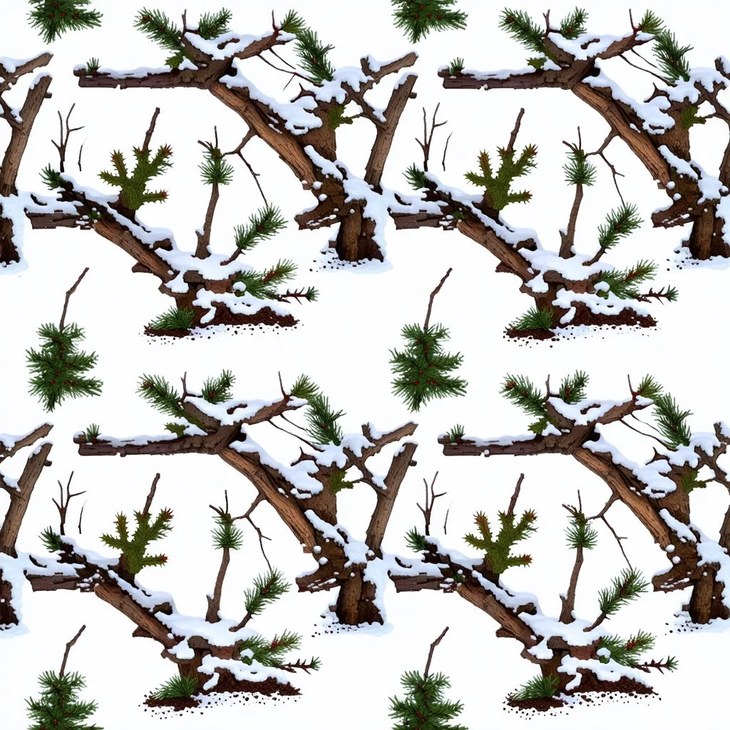 detailed Real Tree Camouflage made of sticks, twigs, leaves, pine branches, snow and dirt, white background, seamless repeatable texture pattern imitating a natural forest background