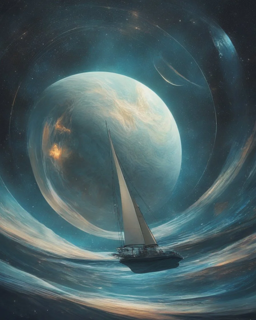 There is a sailboat surfing the rings of Saturn. The color of the sails is blue. A spaceship visible from far away and stars in the background. The scene is magical with dappled light. Colors are blue and turquoise