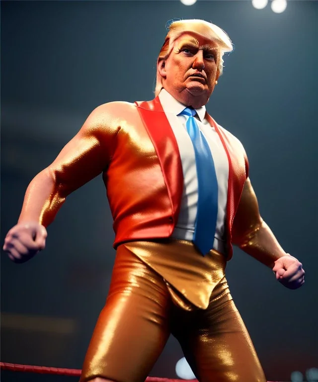 Donald trump wrestling fighter, naked torso, color breeches, suspenders, retro style, 80s, hot ambient, photo studio, red, gold, vibrant color, gradient, highly detailed, art stations, concept art, smooth, unreal engine 5, god rays, ray tracing, RTX, lumen lighting, ultra detail, volumetric lighting, 3d, finely drawn, high definition, high resolution.