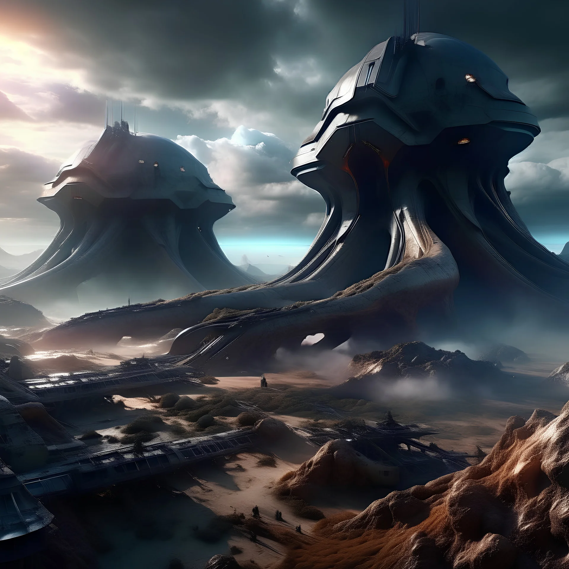 Futuristic alien landscape being ripped up by evil alien terraforming machines.