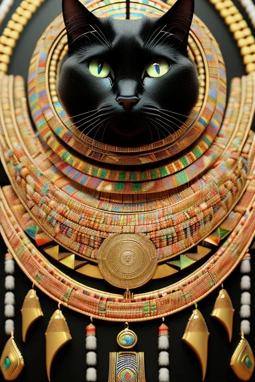 kente scene, Black Egyptian Cat, jewelry, realistic, thread, embroidery, octane render, high detail