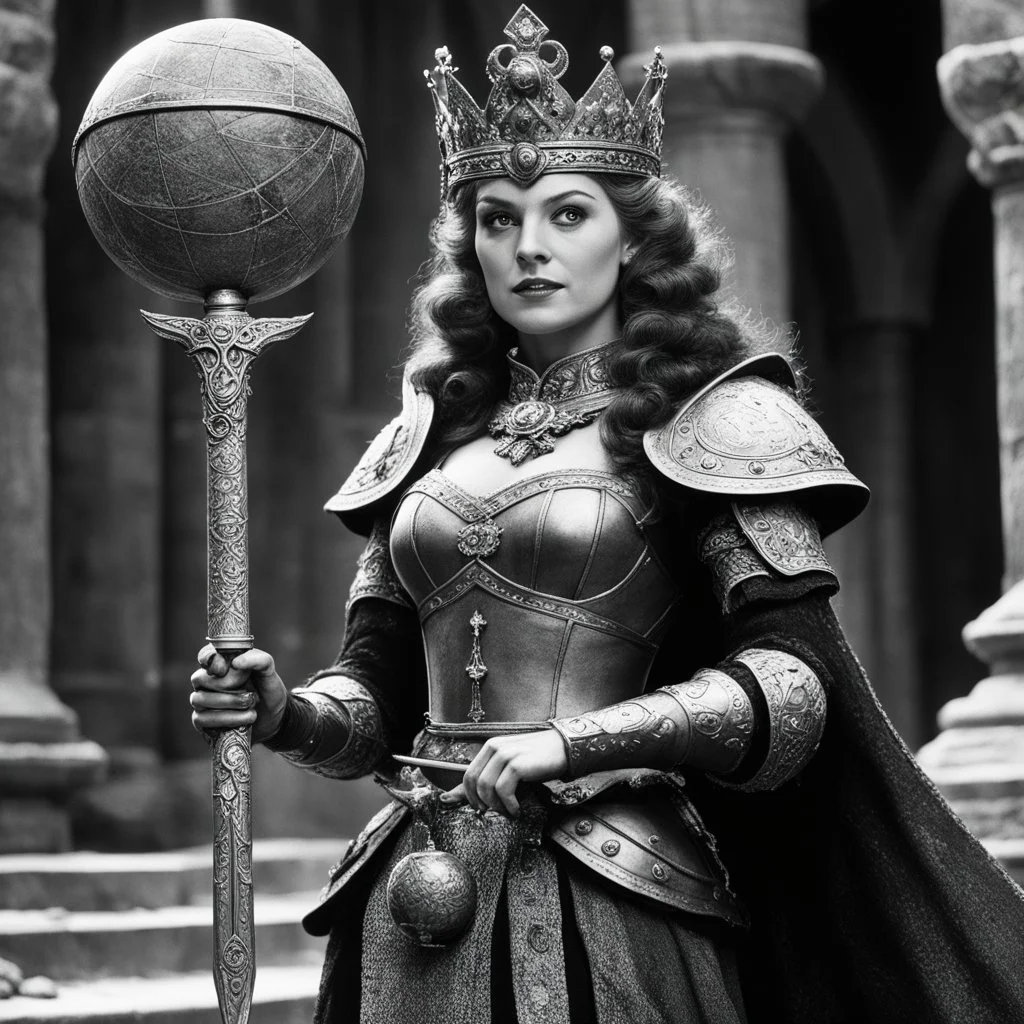 [bloody high res photo by Ray Harryhausen] she is a medieval queen holding her splendid sword and a globe: the sign of her power. High level of detail, he flesh is soft