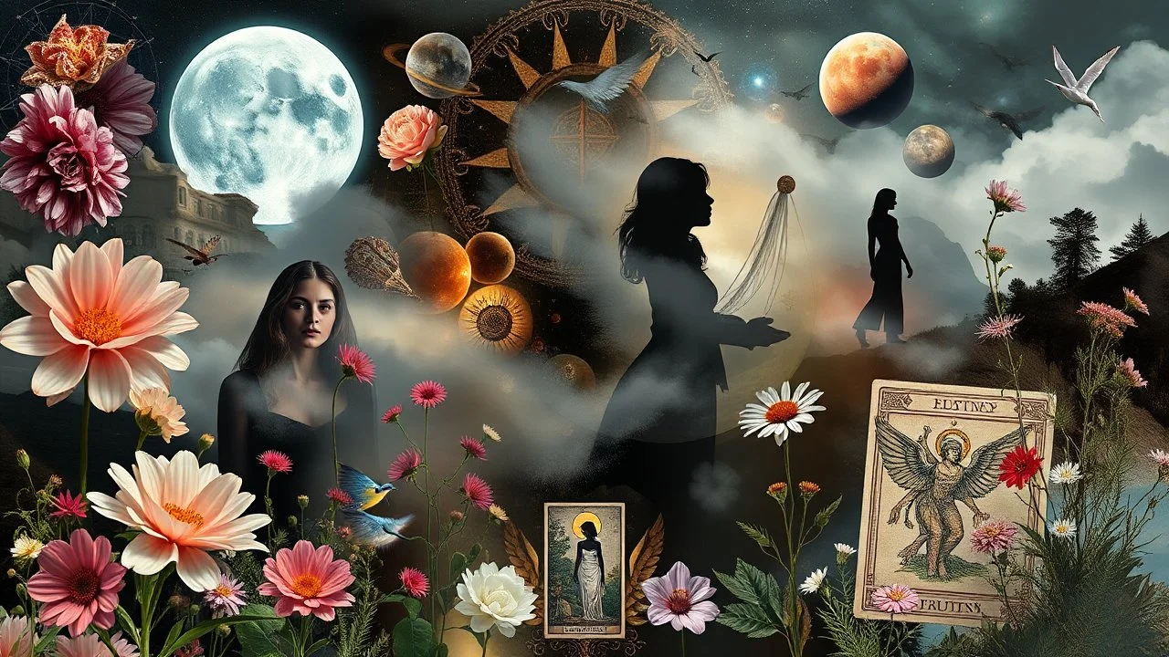 Digital collage of various images and elements such as flowers, shadows, planets, fog, woman, abstract symbols, haze, plants, tarot cards, birds, angels, eyes, strange things. The collage consists of beautiful shapes and layers. Deep, colors, surreal mood. The images and elements are related to the themes of surrealism, beauty, fantasy