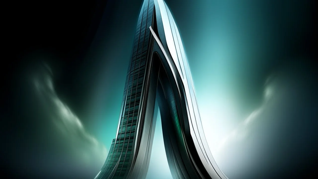 A futuristic digital illustration of a sleek and modern letter "A" transformed into a futuristic skyscraper,