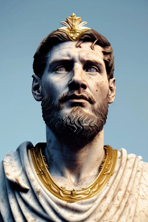 Realistic image, Roman sculpture made in white marble with gold veins, Lionel messi with gold laurel leaves crown, two blue brushes, decorative star on the chest, waist up portrait, marble material, gold ornaments, Baroque style, sun rays background, epic, celestial, cinematic lighting, God lights, 4k resolution, smooth details, soft lighting, unreal engine 5, art station, substance 3d.