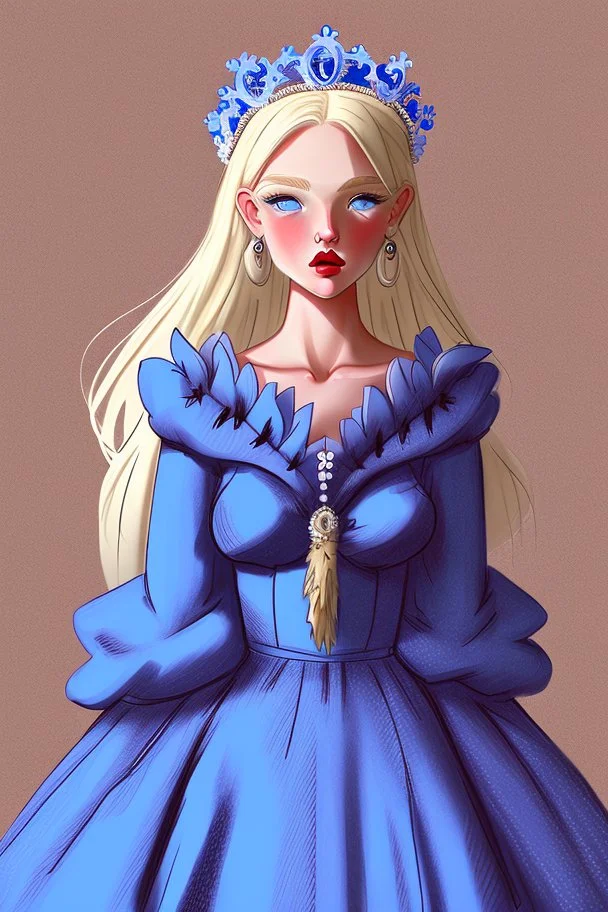 Blonde girl, white skin color, blue eyes, standing in the moonlight, handdrawn, red dress, wearing a crown,