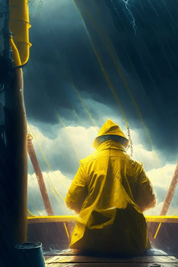 portrait of dead seafarer sitting in yellow raincoat on deck of enormous living wooden ship, storm clouds, lightening, volumetric light,depth of field, fantasy art, 4k, highly detailed, sunbeam