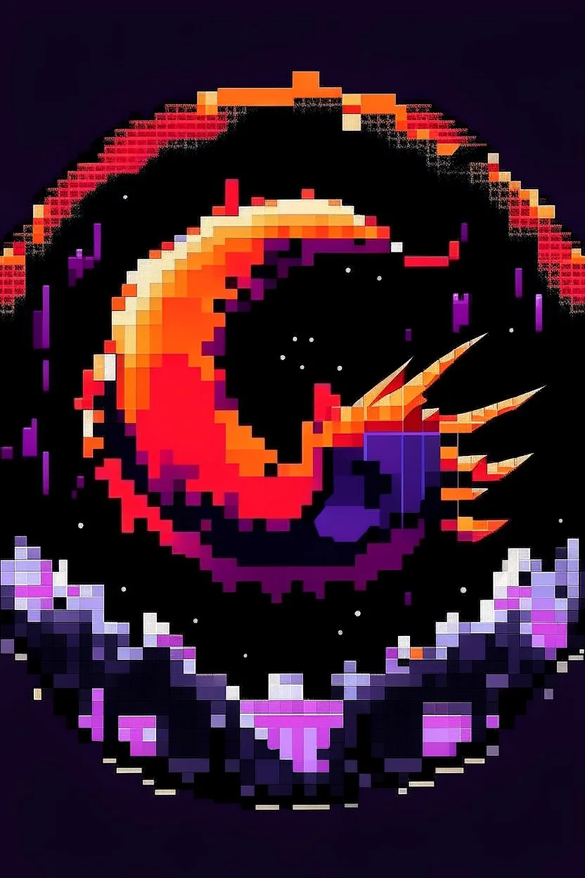 combining darkness and celestial elements. Feature a stylized eclipse at the center, with the moon partially covering the sun, casting claw-like shadows. Use deep purple fading into fiery orange-red. Surround the eclipse with jagged metallic shapes, make it 8bit and retro.