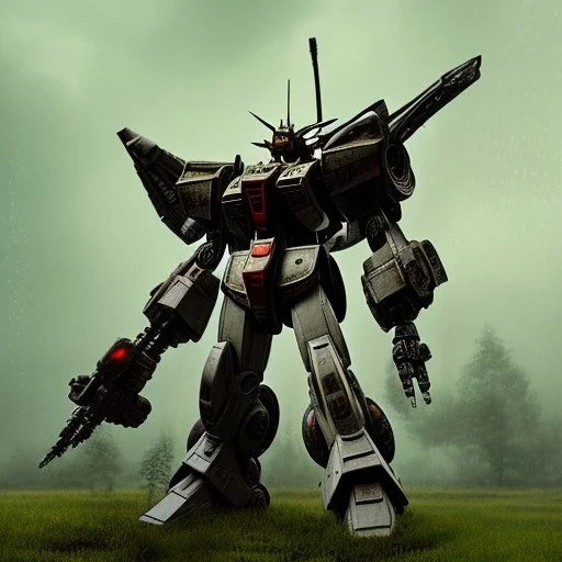 hyperrealistic shot, rusting and moss covered giant gundam, earth color palette, sharp focus, puddle reflection, tire water splash, refraction, rain and lightning on the horizon, shadowcast, detailed and intricate, cinematic composition, tilt shift photography