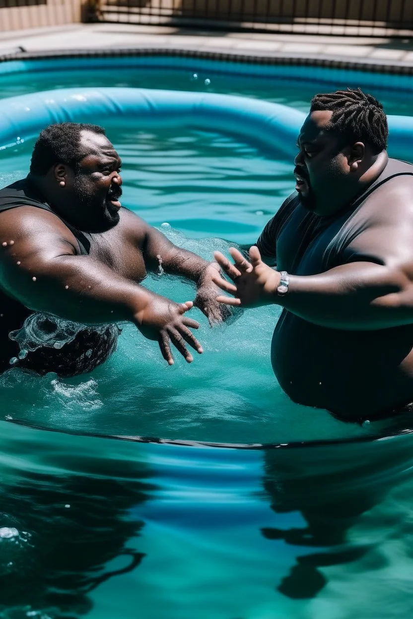 two obese black men fighting in a swimming pool