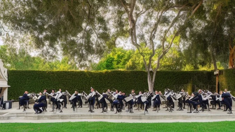 panoramic ,brass orchestra playing outside a beverly hills style mansion, exterior photography of a romantic and bright house, 8k, ultra HD